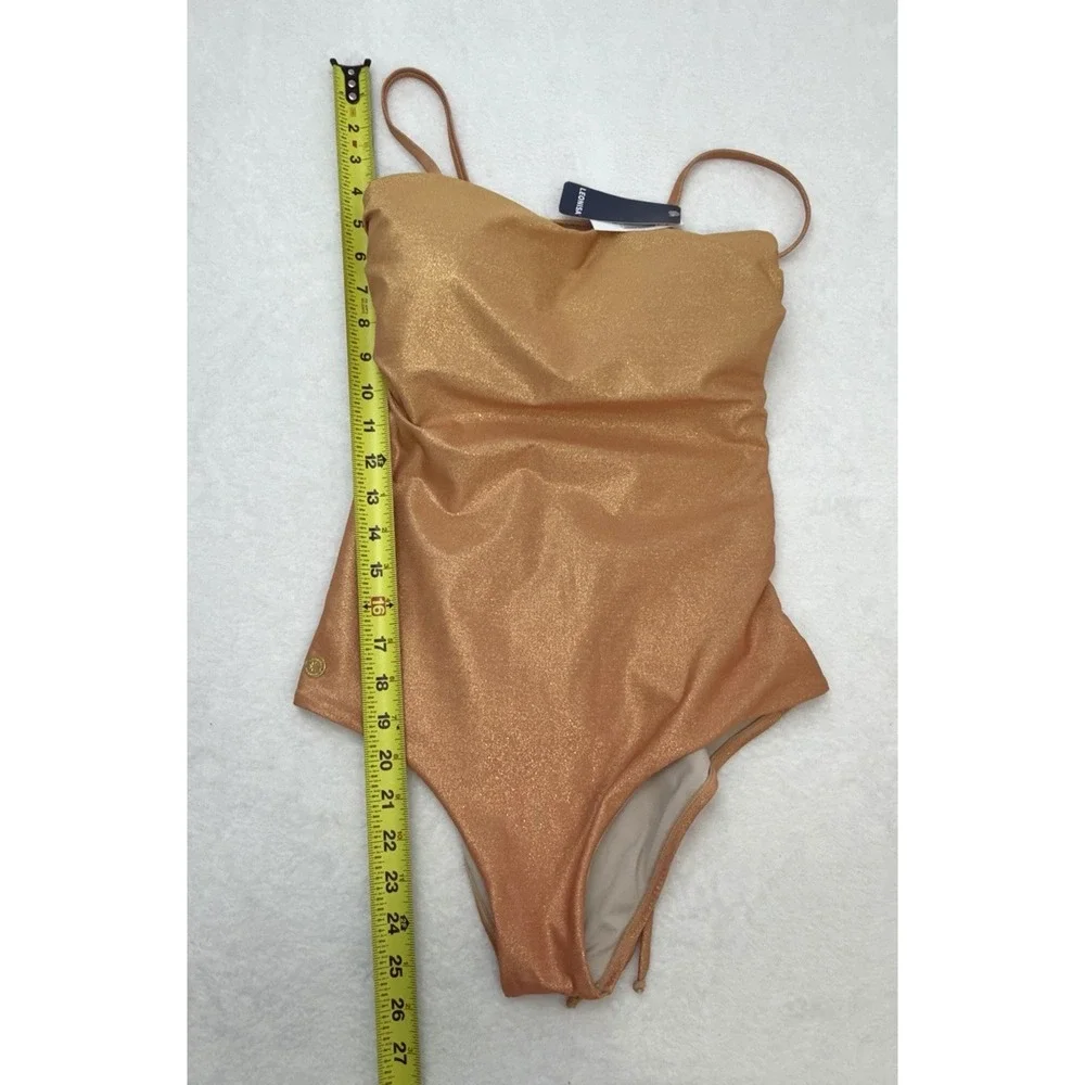 LEONISA Womens Medium Shimmer One Piece Swimsuit Lace Up Back Gold Bronze NWT
